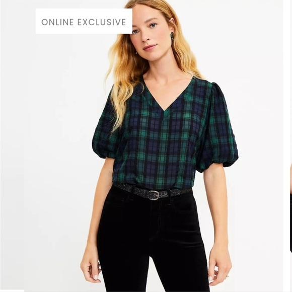 EUC LOFT Plaid V-Neck Puff Sleeve Top - Picture 2 of 6